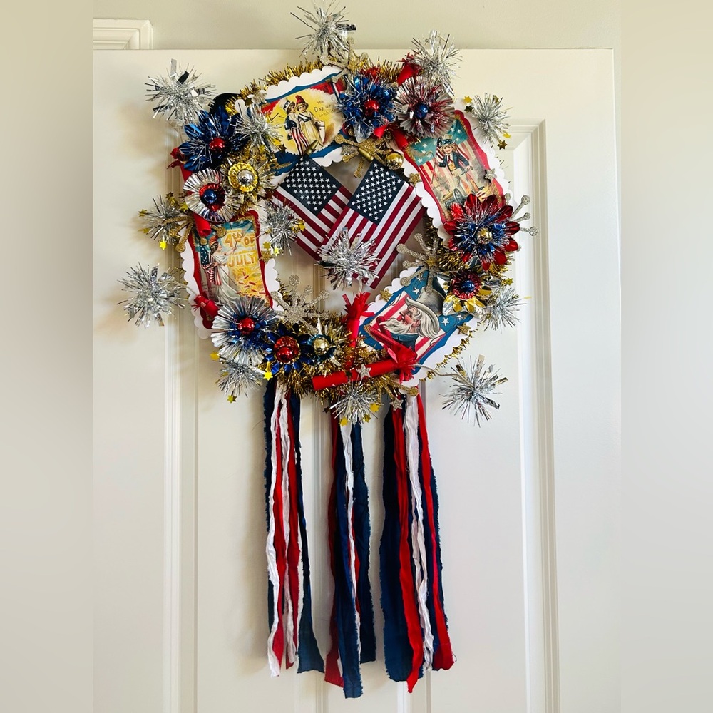 Vintage Repurposed 4th of July Festive Holiday Wreath